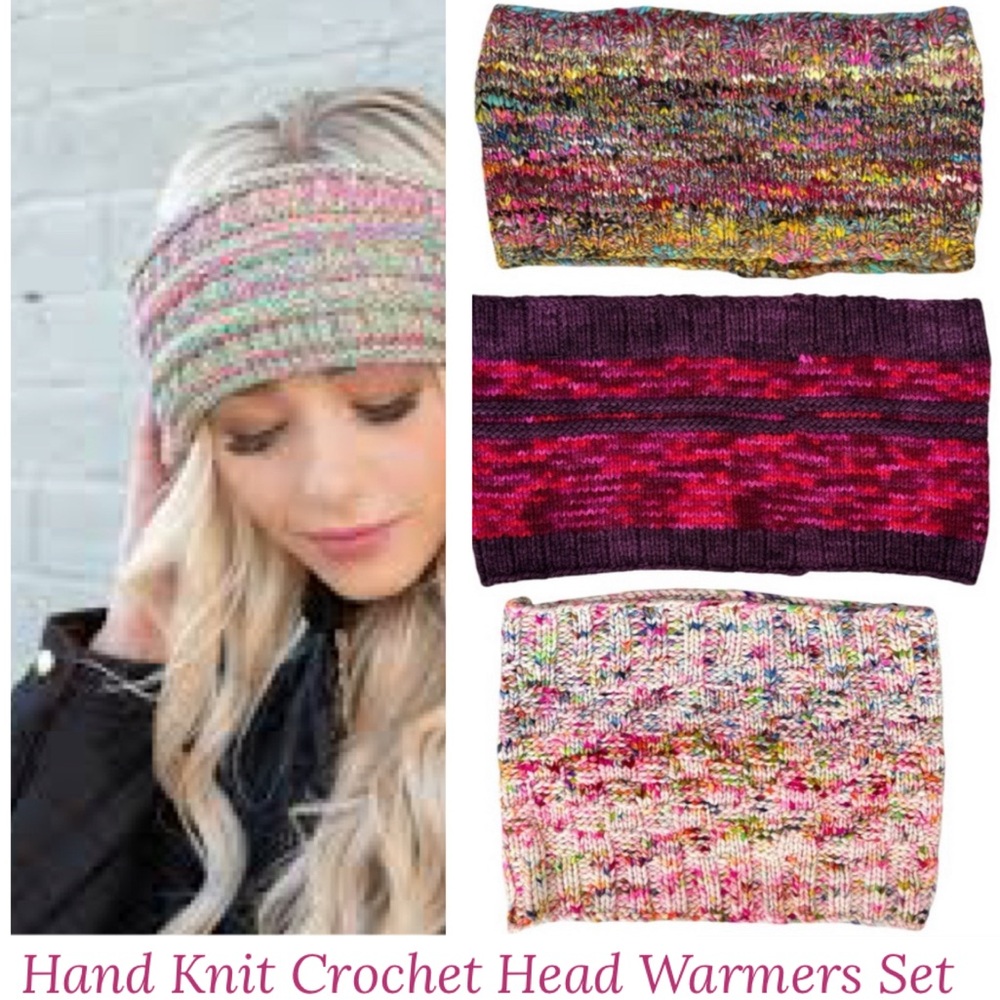 Head Warmer Hand Knit Crochet Sweater Ear Muffs Headband Set Multicolor Pink Tan